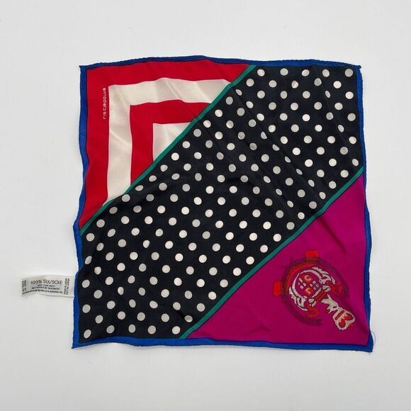 Vintage LIZ CLAIBORNE Silk Scarf Red Pink Blue Polka Dot Stripes Crest Square - Picture 1 of 11